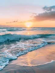 Captivating Sunset on Tranquil Beach with Crashing Waves and Serene Sky