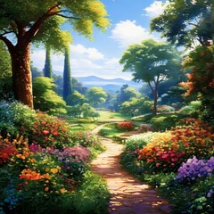 Naklejka premium Garden Landscape The backdrop of the scene is a vibrant