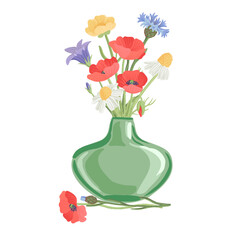 vector drawing glass bottle with wild flowers, bouquet with poppy, daisy, cornflower, bellflower and buttercup, isolated at white background, hand drawn illustration