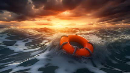 Lifebuoy floating on the sea, symbolizing safety - obrazy, fototapety, plakaty