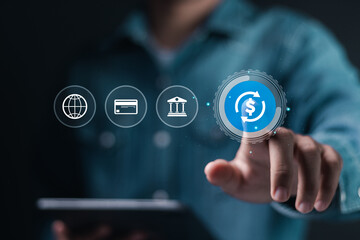 Bank transfer concept. Currency exchange, Online banking and interbank payment. Person touching...