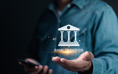 Bank transfer concept. Currency exchange, Online banking and interbank payment. Person holding...