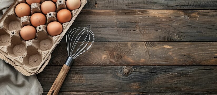 Top view of a wooden table with a cardboard egg box and an egg beater, with space for text.