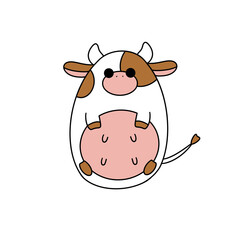 A cartoon cow with a big belly and a white spot on its head. It is holding a baby cow in its mouth