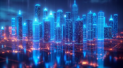 Fototapeta premium Hologram business large skyscraper office buildings. Futuristic urban city skyline. Inflation growth, business, big data technology concept. Financial growth, profit charts.