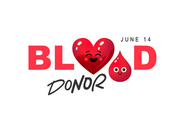 Cute cartoon heart and a drop of blood in the form of the letters O in the word Blood. June 14th. World Blood Donor Day.