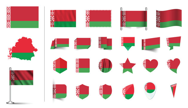 set of Belarus flag, flat Icon set vector illustration. collection of national symbols on various objects and state signs. flag button, waving, 3d rendering symbols, and flag on map symbols