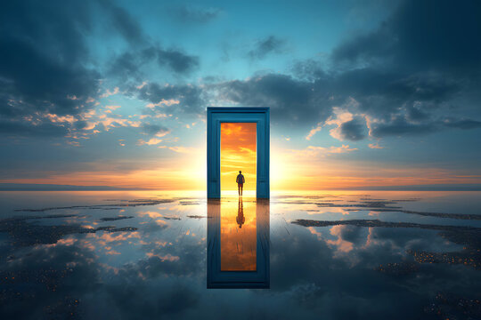 silhouette of a man in an open door in nature. the concept of going through a portal to another world. fantasy of transformation of another dimension of the universe