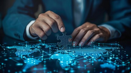Businessman connecting a puzzle piece with a digital world map, success in global strategy 