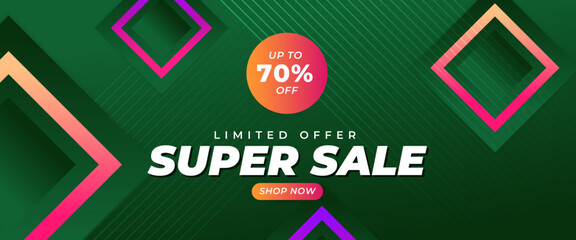 Pink green and purple violet vector super sale shopping banner template design with shapes. For sale background, poster, flyer, catalog