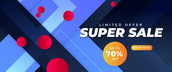 Red orange and blue stylish modern super sale banner template design with shapes. For sale background, poster, flyer, catalog