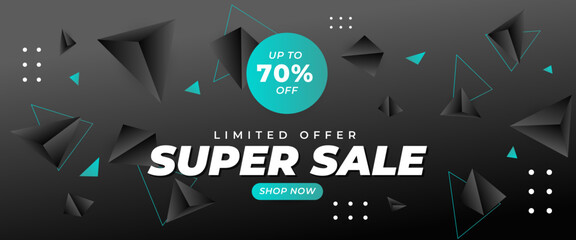 Black and green stylish modern super sale banner template design with shapes. For sale background, poster, flyer, catalog