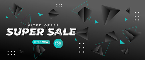 Black and green vector super sale shopping banner template design with shapes. For sale background, poster, flyer, catalog