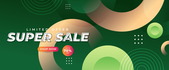 Green peach and beige super sale banner template design with geometric shapes. Vector illustration. For sale background, poster, flyer, catalog
