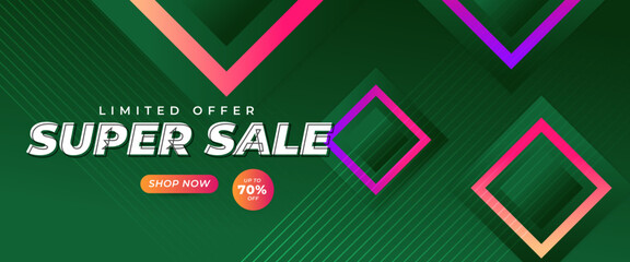 Pink green and purple violet super sale banner design for shop with geometric style. Vector illustration. For sale background, banner, background, cover, poster, wallpaper, presentation background