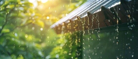 Fototapeta na wymiar Rainwater harvesting system in action, rainy day, closeup, dynamic angle soft shadowns