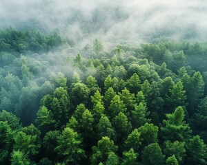 Sustainable forestry, dense green canopy, misty morning, eyelevel angle clean sharp focus - obrazy, fototapety, plakaty