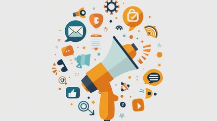 digital marketing concept Human hand with megaphone, computer, surrounded by media icons
