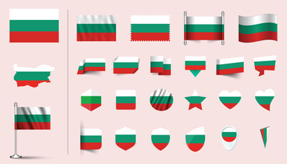 set of Bulgaria flag, flat Icon set vector illustration. collection of national symbols on various objects and state signs. flag button, waving, 3d rendering symbols, and flag on map symbols