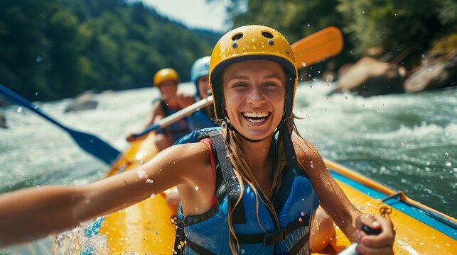 Man And Woman River Rafting On A River In California  