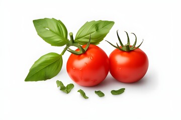 Tomates cherry frescos con albahaca aislado en el espacio en blanco. vegetales maduros
