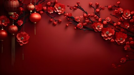 chinese new year background with red lantern with flowers and red flowers
