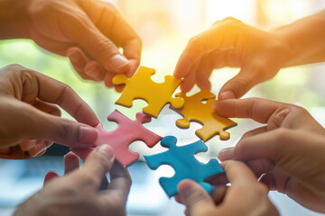 Hands join puzzle pieces,  putting the jigsaws team together, business concept - obrazy, fototapety, plakaty
