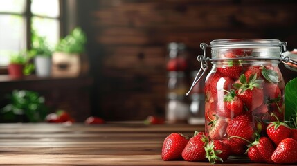Homemade dessert of canned strawberries in a glass jar on a wooden table. A jar full of strawberry delight. - Powered by Adobe