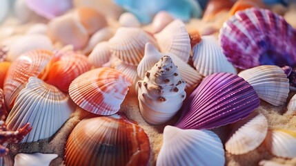 Bunte muscheln am sandstrand, perfekter hintergrund für sommerferien
