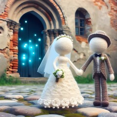 Happy wedding 3d realistic wedding couple dolls Crochets figures shaking hands in wedding. wedding celebration atmosphere with a rural background and old buildings. ai generated