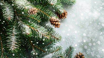 Fototapeta na wymiar Winter Wonderland: Snow-covered Evergreen Christmas Tree with Falling Snowflakes - Horizontal