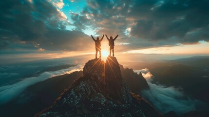 Together overcoming obstacles with three people holding hands up in the air on mountain top , celebrating success and achievements - obrazy, fototapety, plakaty