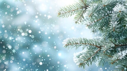 Fototapeta na wymiar Winter Wonderland: Snow-covered Evergreen Christmas Tree with Falling Snowflakes - Horizontal