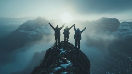 Together overcoming obstacles with three people holding hands up in the air on mountain top , celebrating success and achievements