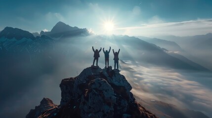Together overcoming obstacles with three people holding hands up in the air on mountain top , celebrating success and achievements - obrazy, fototapety, plakaty