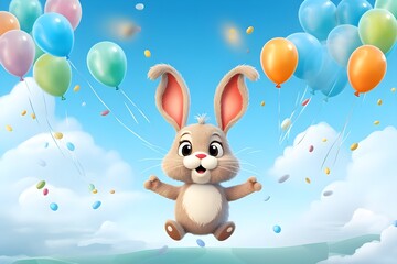 Obraz na płótnie Canvas Um coelho voando no céu com balões 