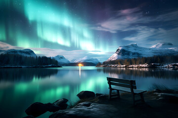 northern lights aurora against the backdrop of a night landscape over the lake - obrazy, fototapety, plakaty