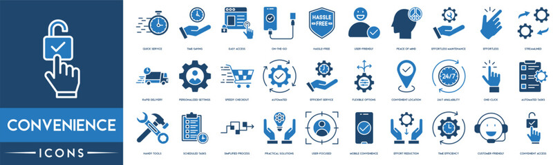 Convenience icon set. Quick Service, Convenient Access, Time Saving, Easy Access, Hassle Free, User Friendly, Streamlined, Automated, Efficient Service, Flexible Options and Convenient Location