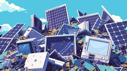 A pile of discarded electronic waste including old solar panels in a landfill emphasizing the importance of proper recycling and disposal . AI generation. - obrazy, fototapety, plakaty