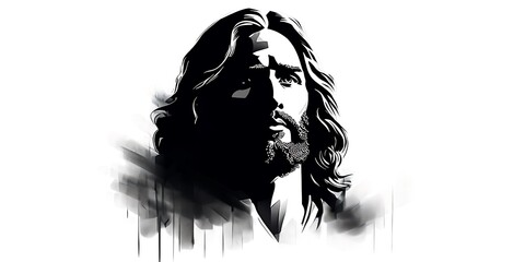 Portrait of Jesus Christ in black and white with copy space. Vector illustration.