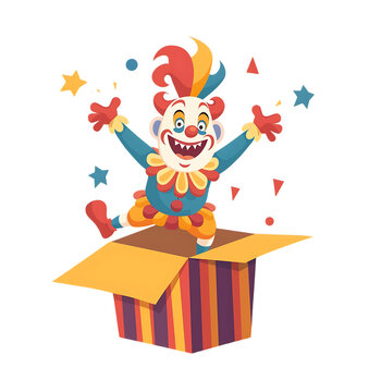  Vector flat color cute cartoon smiling clown jumping out of gift box in the style of jack