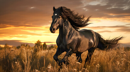 running thoroughbred muscular horse across the field. mammal. biology and fauna - obrazy, fototapety, plakaty