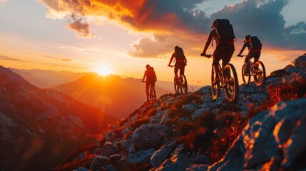 A line of dirt bikes Tours the mountain landscape at sunset - obrazy, fototapety, plakaty
