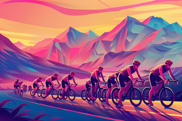 Cycling race in beautiful nature mountain. Bicycle racers in action. Professional cyclists colorful Grainy gradients modern art design. AI generated