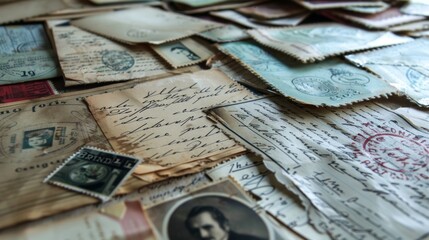 A collage of vintage postcards stamps and handwritten letters evoking a sense of nostalgia and longing for the past on this lofi album. - obrazy, fototapety, plakaty
