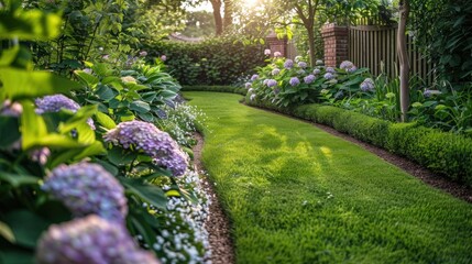 Summer Beauty: Hydrangea Annabelle in a Private English Garden with Curvy Lawn Edge and Pathway
