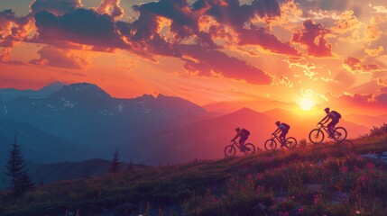 A trail bike trip in the sunset mountain landscape in a row - obrazy, fototapety, plakaty