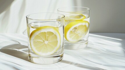 glasses filled with lemon slice and white drink cutout on white background