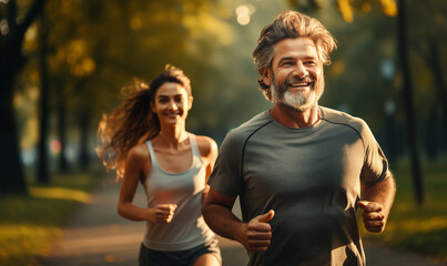 Fototapeta premium Cheerful husband and wife competing together and jogging on fresh air.