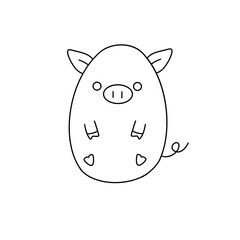 A pig is sitting on an egg. The pig is cute and has a heart on its stomach